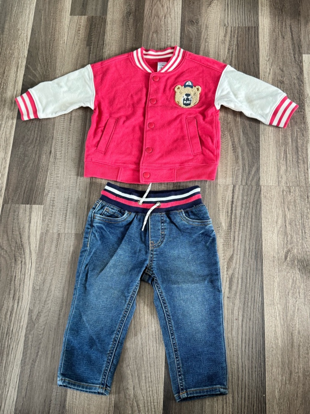 Carter’s Kids Red Varsity Bear Jacket with Denim Joggers - Picture 1 of 3